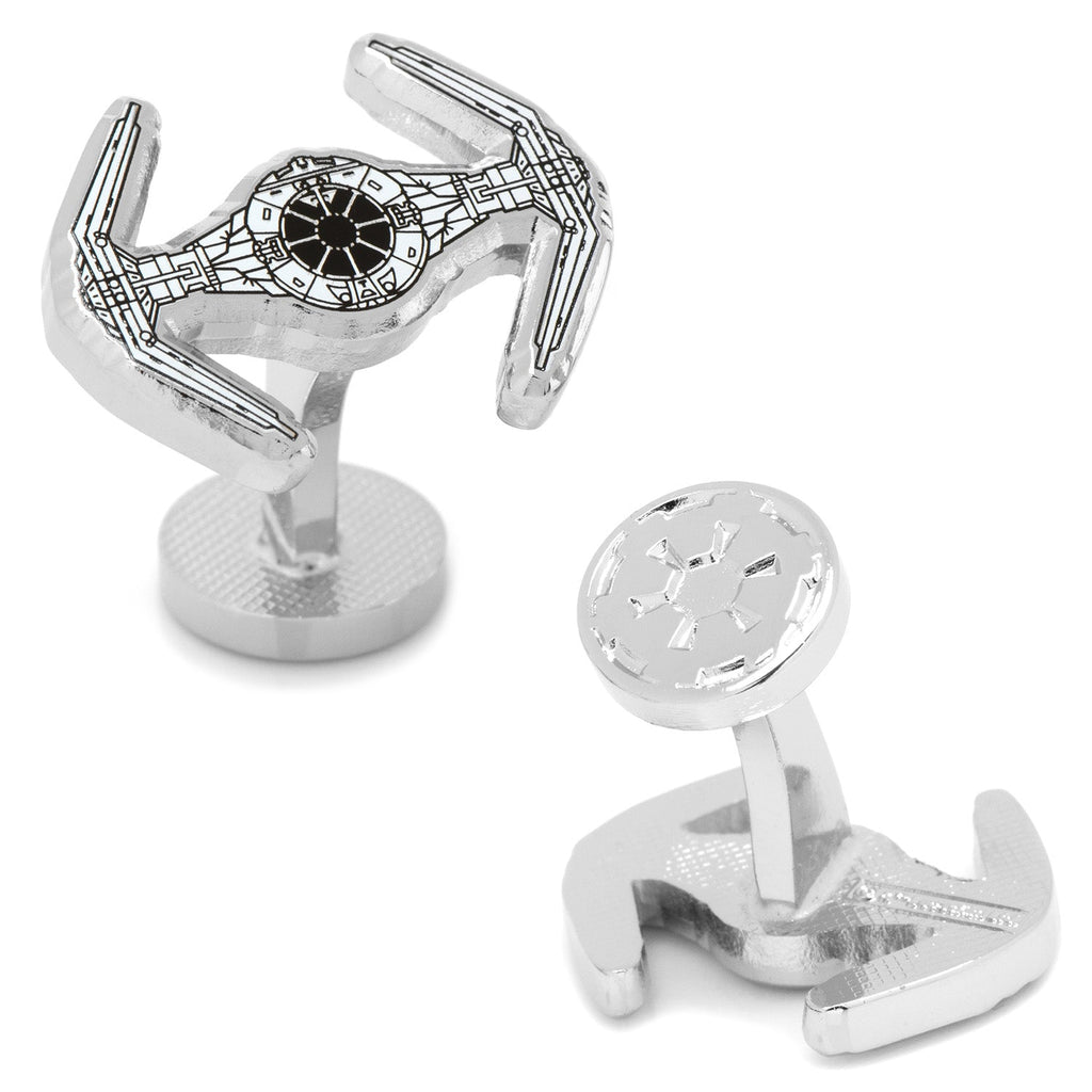 A pair of silver-tone Star Wars TIE Fighter cufflinks displayed on a white background.