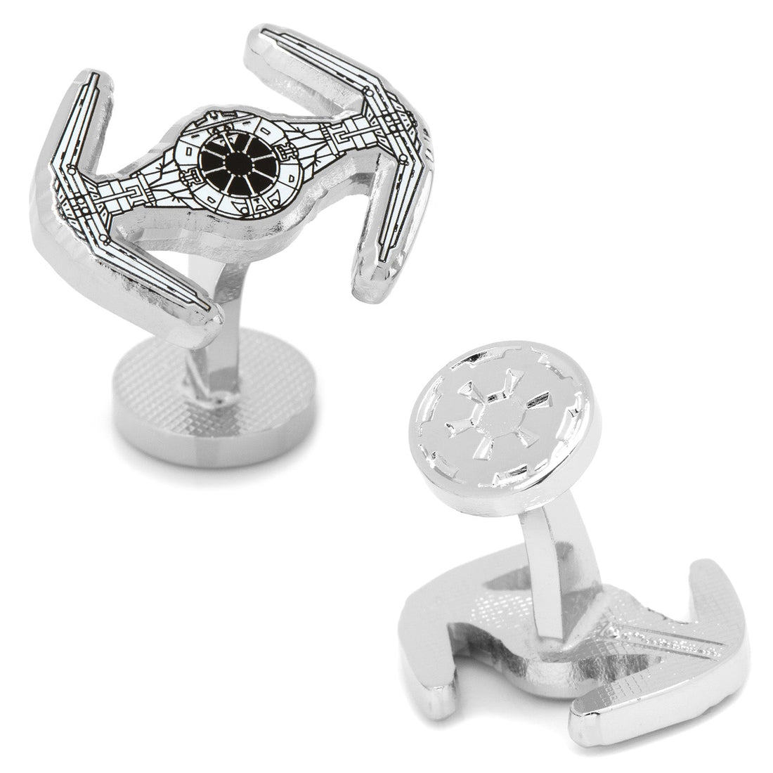 A pair of silver-tone Star Wars TIE Fighter cufflinks displayed on a white background.