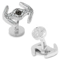 A pair of silver-tone Star Wars TIE Fighter cufflinks displayed on a white background.