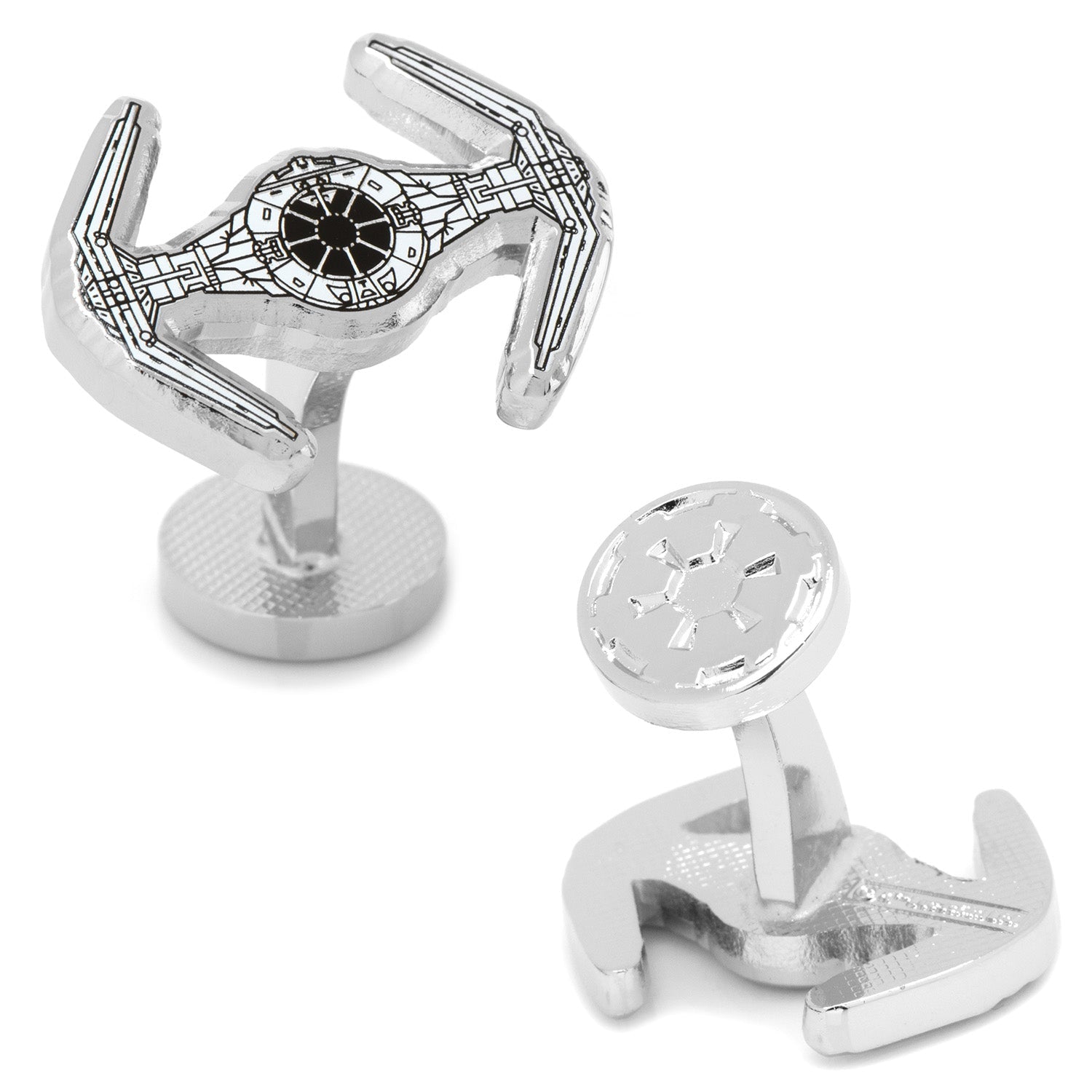 A pair of silver-tone Star Wars TIE Fighter cufflinks displayed on a white background.