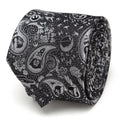 Close-up of a black and white Star Wars themed paisley silk necktie with Darth Vader details