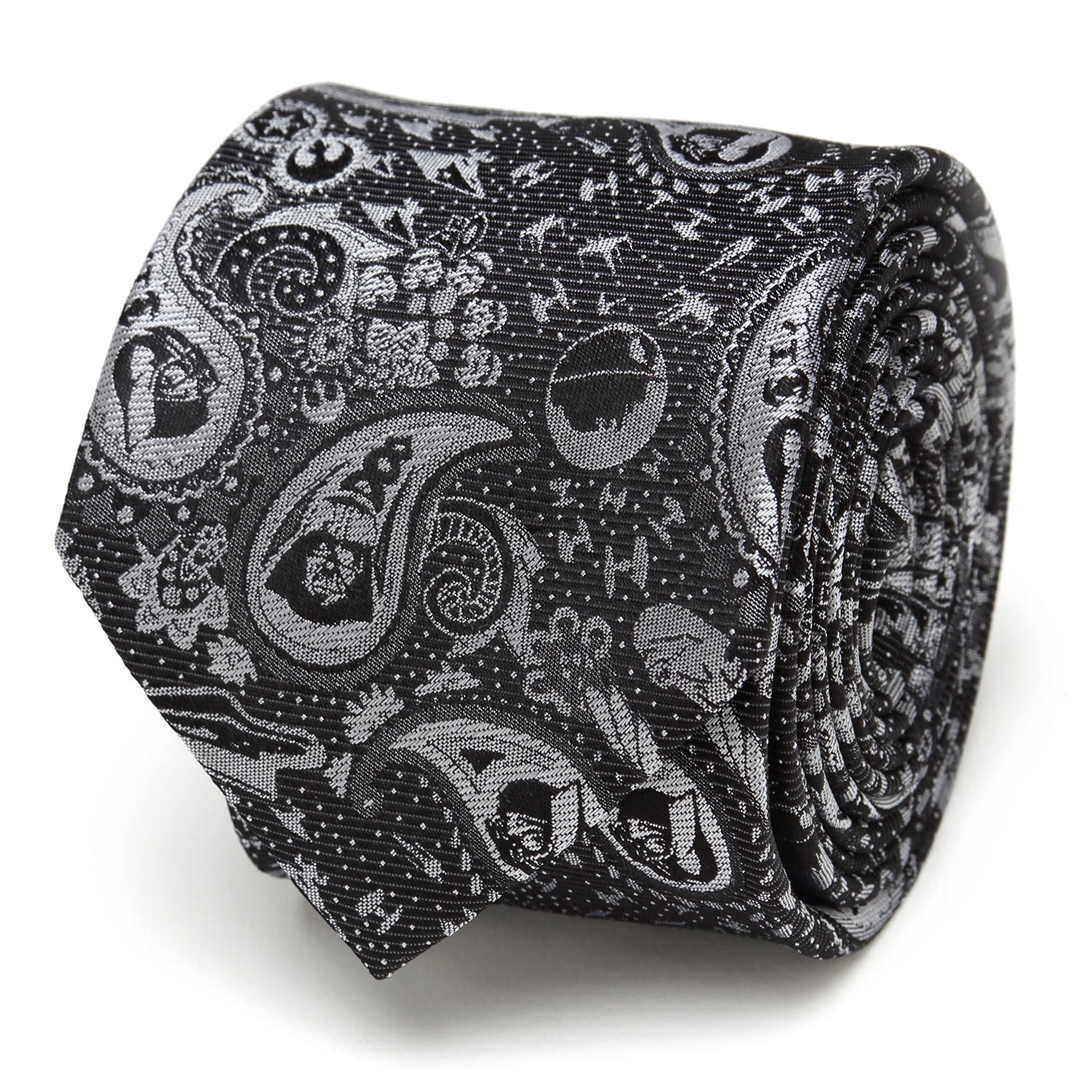 Close-up of a black and white Star Wars themed paisley silk necktie with Darth Vader details
