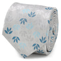 Close up of a gray silk tie with a hidden Darth Vader and floral pattern in blue and light blue.