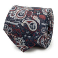 Close up and worn view of a navy blue silk necktie featuring a paisley pattern with hidden Darth Vader and Star Wars icons