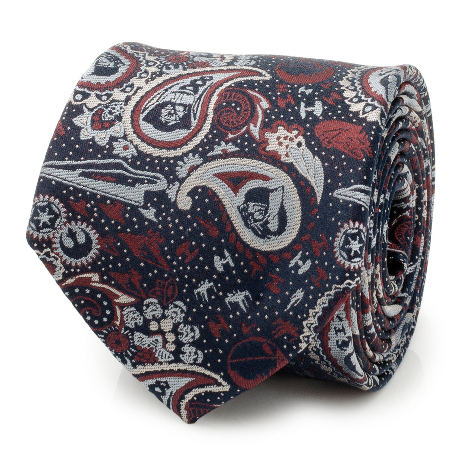 Close up and worn view of a navy blue silk necktie featuring a paisley pattern with hidden Darth Vader and Star Wars icons