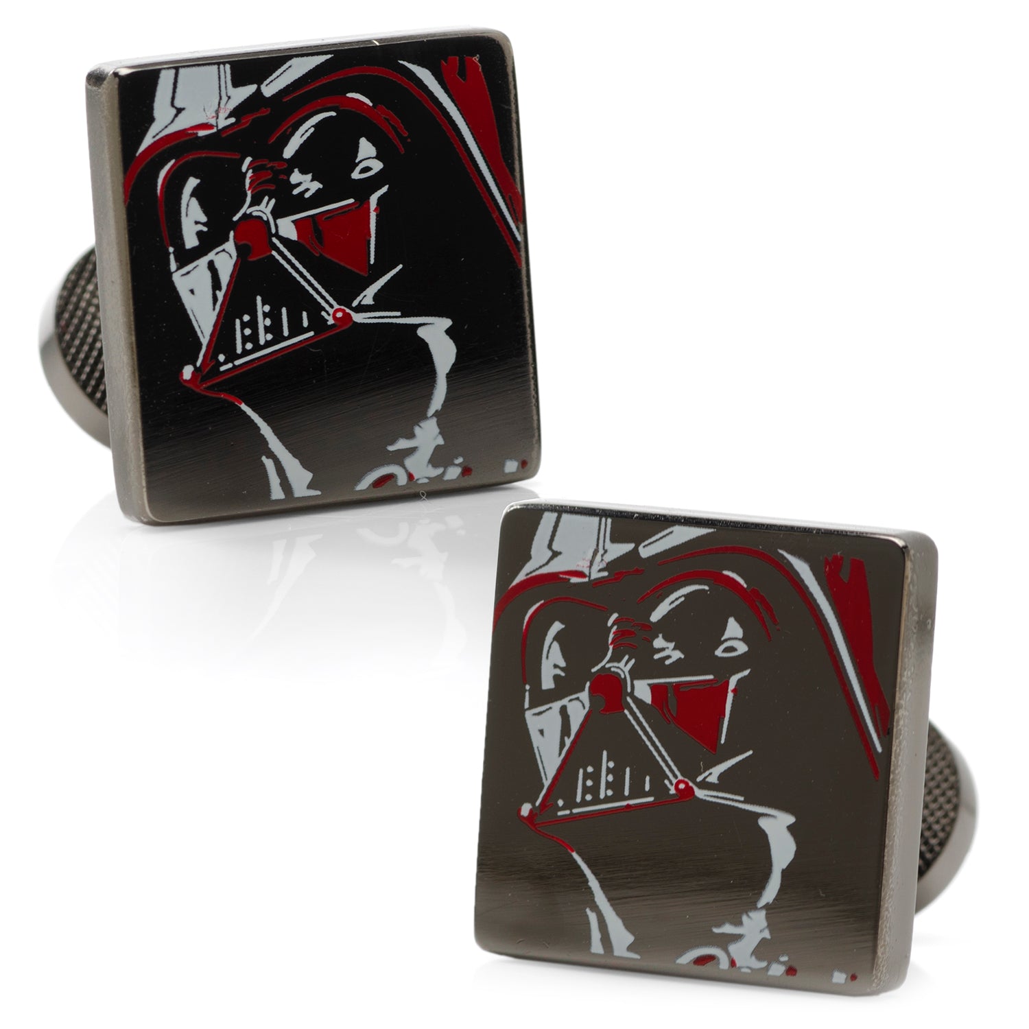 A pair of square gunmetal cufflinks featuring a painted graphic of Darth Vader's helmet in red and white on a black background.