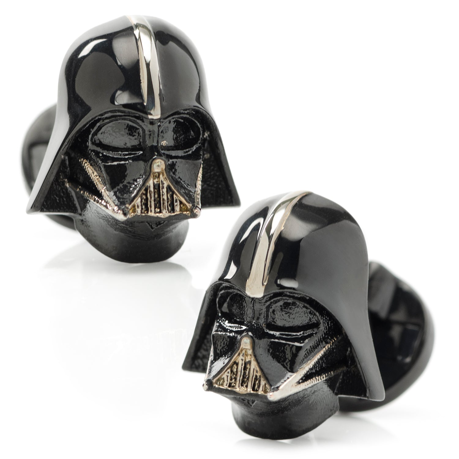 A pair of 3D Darth Vader helmet cufflinks finished in a sleek satin black metal.