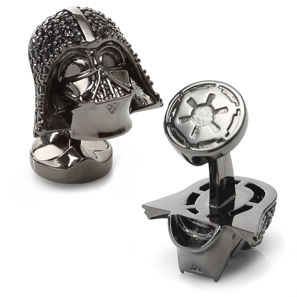 A pair of 3D Darth Vader helmet cufflinks crafted in gunmetal, decorated with black pavé crystals and an Imperial logo on the swivel backing.
