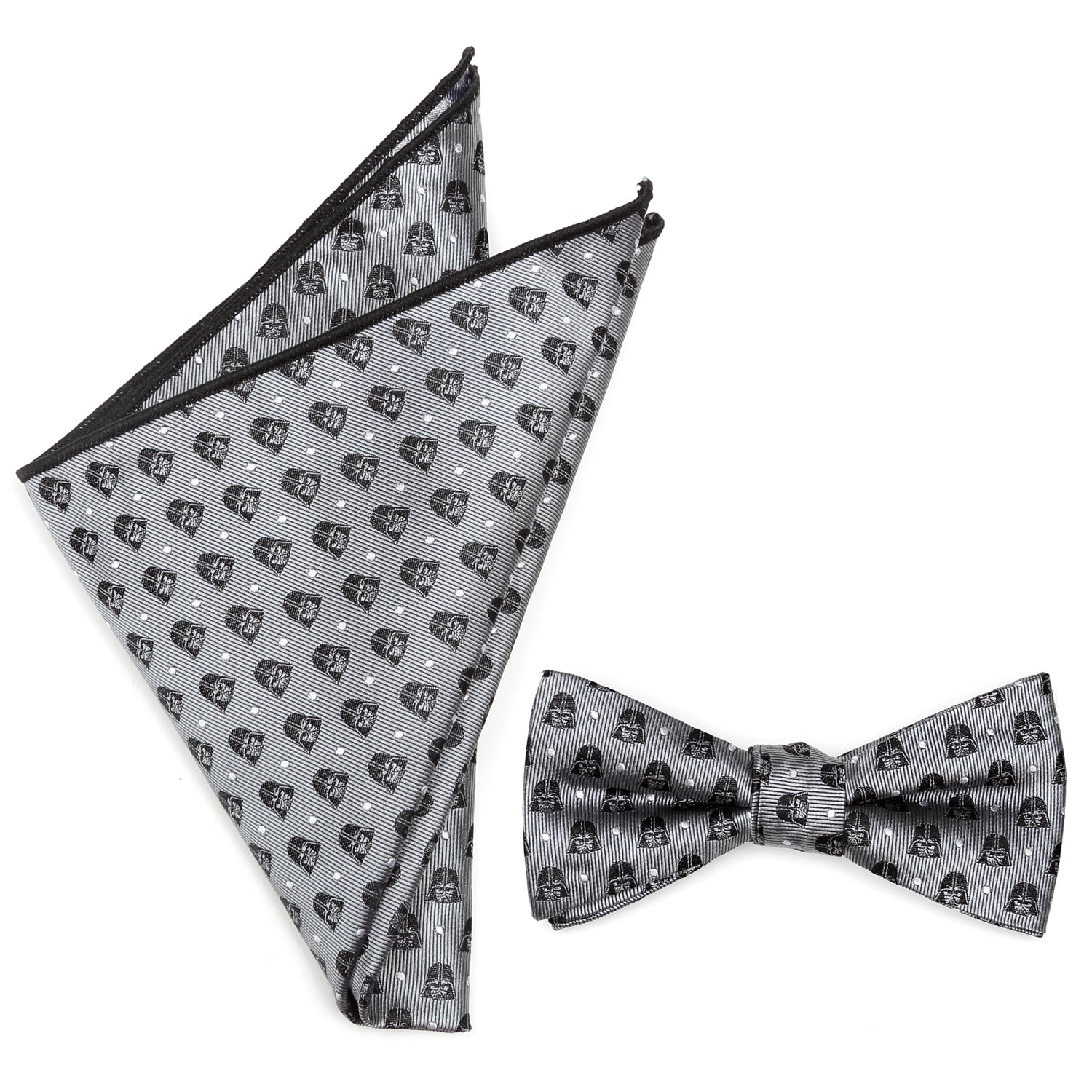 A gray Star Wars Darth Vader bow tie and matching pocket square set presented in a black gift box.