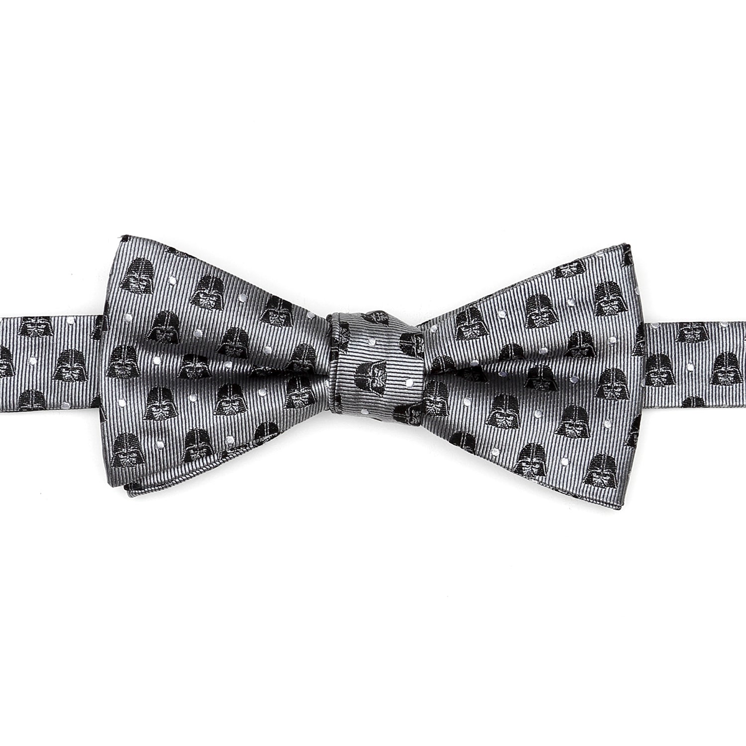 A pre-tied gray bow tie featuring a repeating pattern of Darth Vader helmets and white polka dots on a white dress shirt background.
