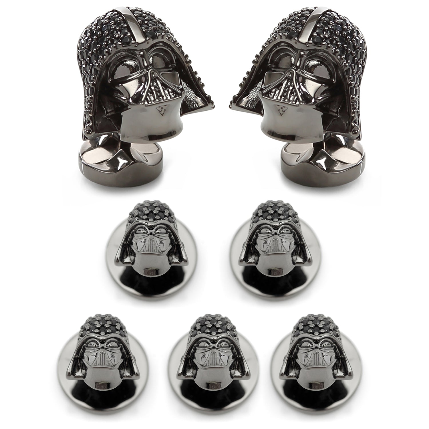 A close-up view of Star Wars Darth Vader helmet cufflinks and shirt studs featuring black pavé crystals and gunmetal plating.