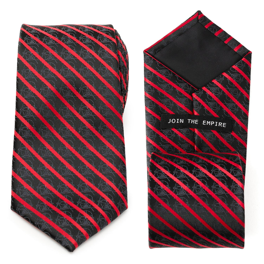 Close up of Star Wars Darth Vader themed red and black striped tie with subtle helmet pattern