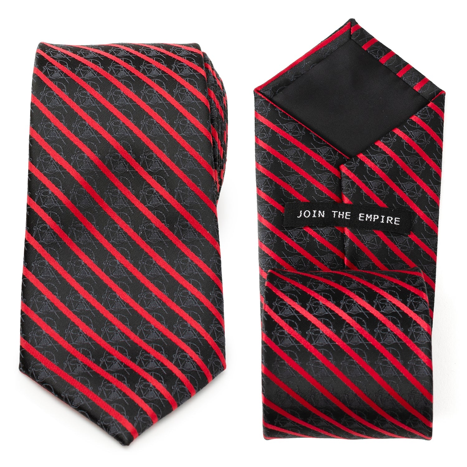 Close up of Star Wars Darth Vader themed red and black striped tie with subtle helmet pattern
