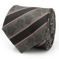 A close-up of a black and gray striped tie featuring a subtle Darth Vader helmet pattern and a red and white pinstripe detail.