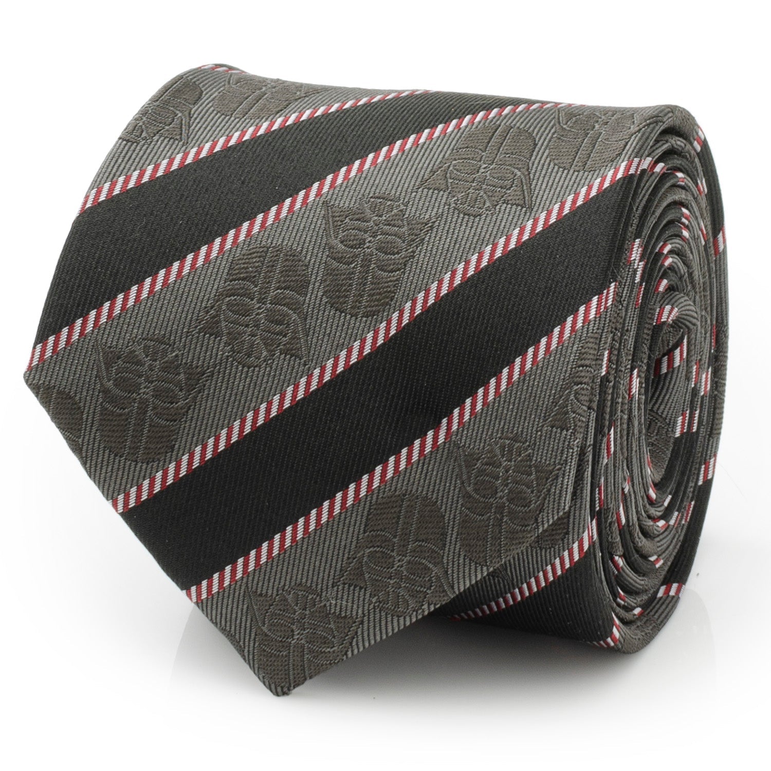 A close-up of a black and gray striped tie featuring a subtle Darth Vader helmet pattern and a red and white pinstripe detail.