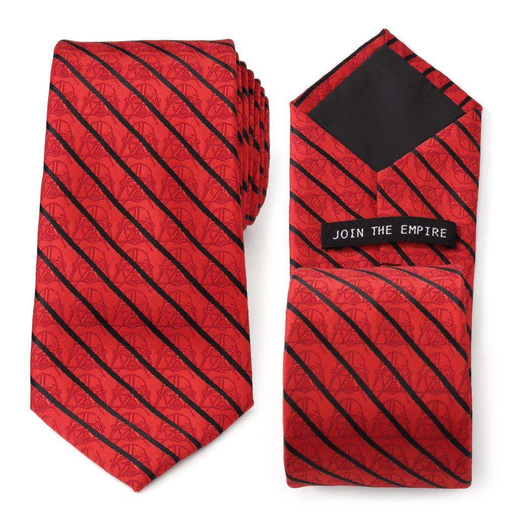 Close up of a red and black striped necktie featuring subtle Darth Vader embroidery.
