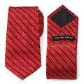 Close up of a red and black striped necktie featuring subtle Darth Vader embroidery.