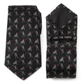 Close up of a black Star Wars tie showing a repeating pattern of Darth Vader and Luke Skywalker dueling with red and green lightsabers