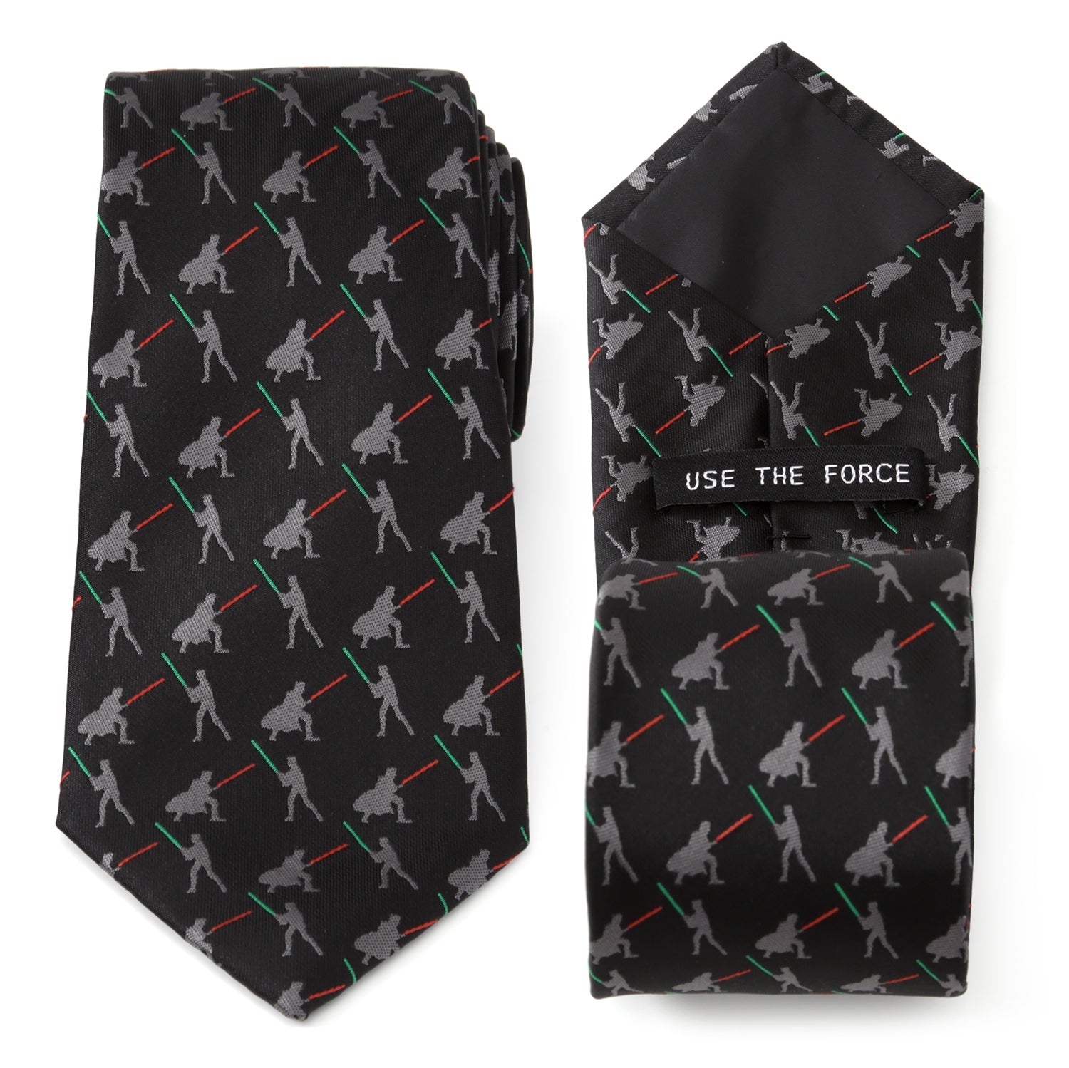 Close up of a black Star Wars tie showing a repeating pattern of Darth Vader and Luke Skywalker dueling with red and green lightsabers