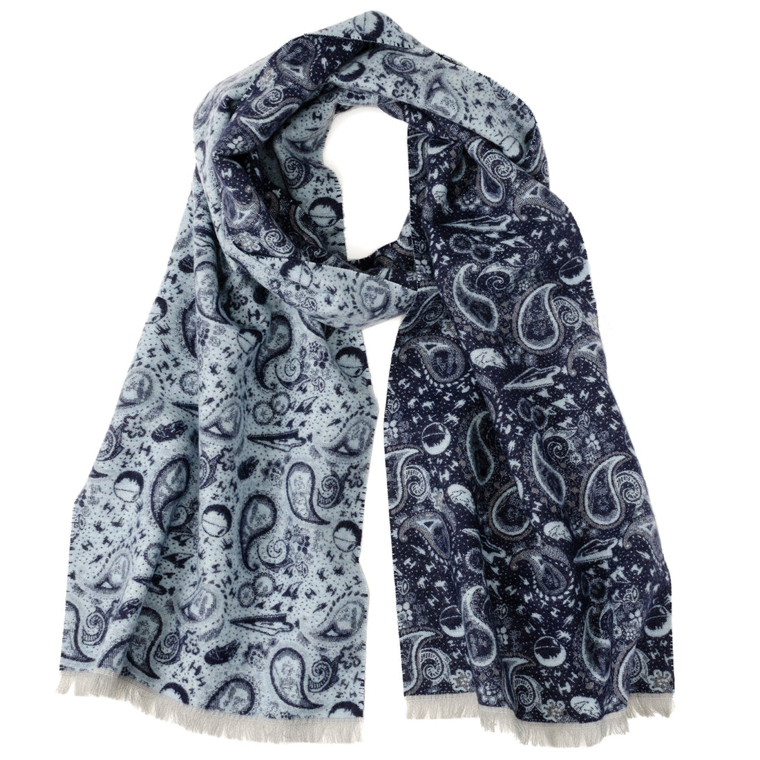 Blue and gray Star Wars paisley scarf featuring Darth Vader helmets and Millennium Falcon icons.
