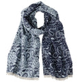 Blue and gray Star Wars paisley scarf featuring Darth Vader helmets and Millennium Falcon icons.