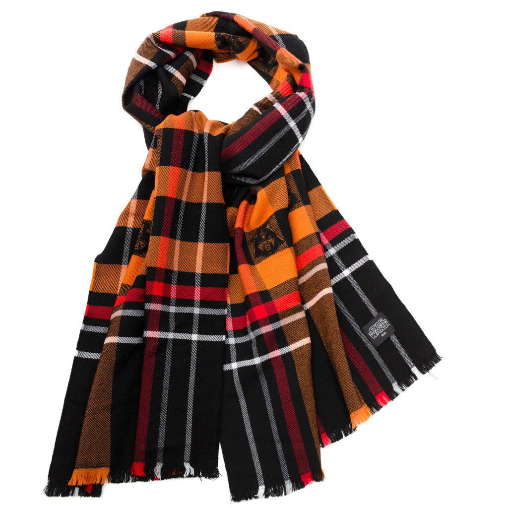Star Wars Darth Vader black and orange tartan plaid wool scarf with fringe edges
