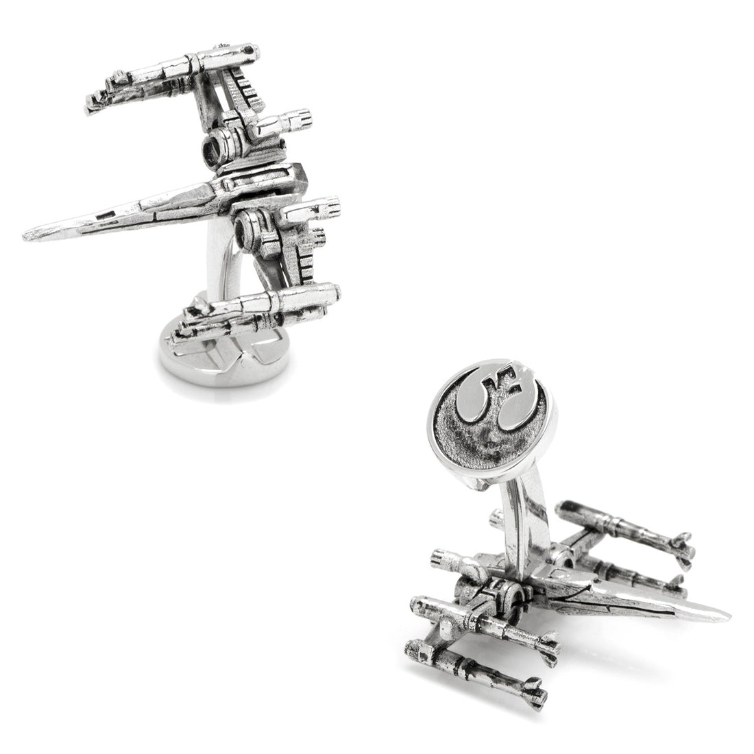 Silver tone 3D Star Wars X-Wing fighter cufflinks with moving wings and Resistance symbol backings.