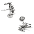 Silver tone 3D Star Wars X-Wing fighter cufflinks with moving wings and Resistance symbol backings.