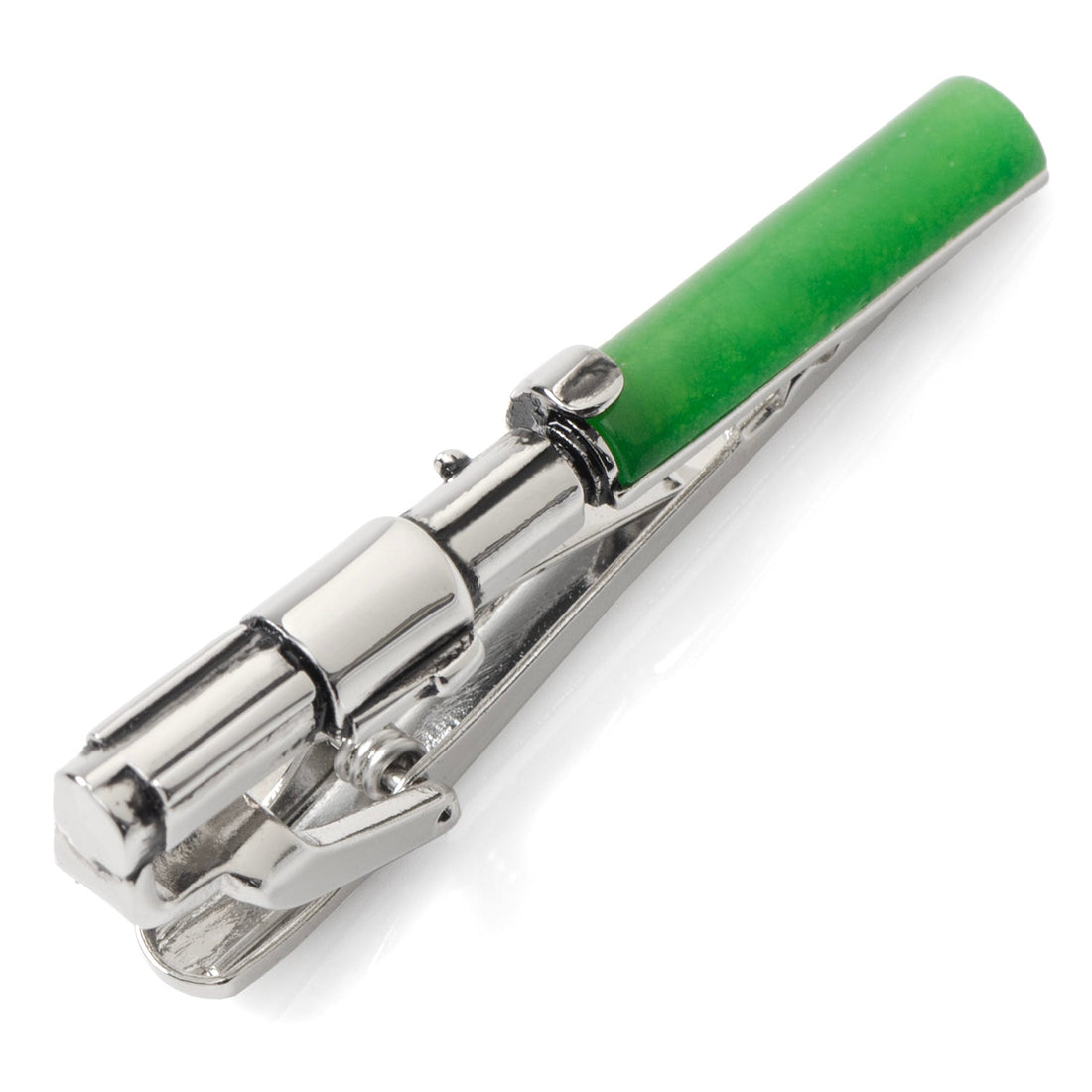 A silver and green Yoda lightsaber tie clip resting on a white surface and worn on a black tie.