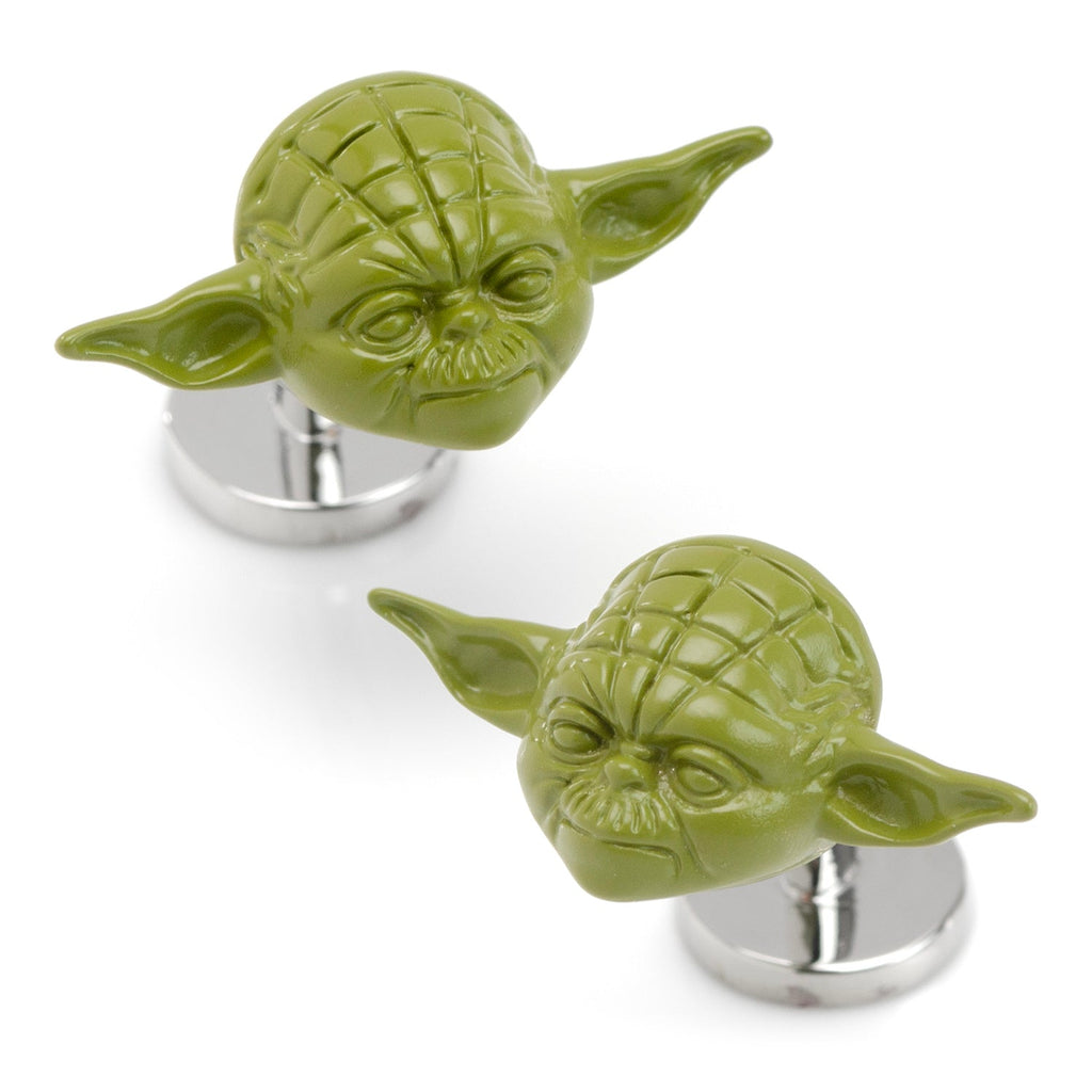 A pair of 3D Yoda head cufflinks in green with silver-toned base metal backings on a white background.