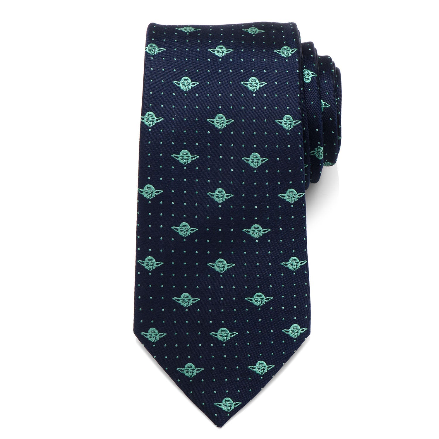 Navy blue silk necktie with a repeating green Yoda head and dot pattern.