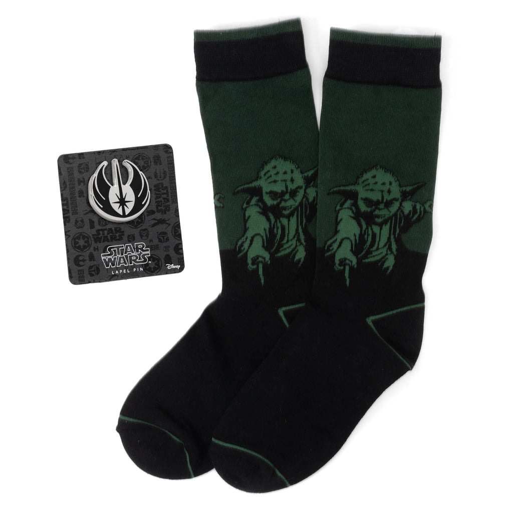Star Wars Yoda green crew socks paired with a silver Jedi Order crest lapel pin gift set