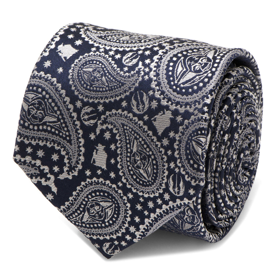 Close up of a navy blue silk necktie with a gray paisley pattern and hidden Yoda characters