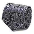 Close up of a navy blue silk necktie with a gray paisley pattern and hidden Yoda characters
