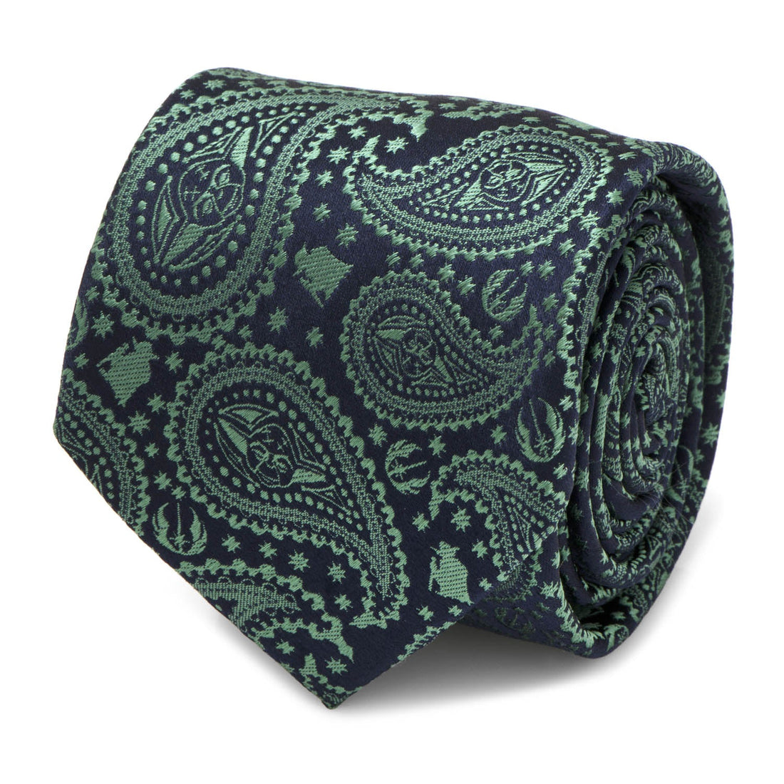 Close up of a navy and green silk necktie with a paisley pattern featuring hidden Yoda portraits.