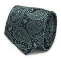 Close up of a navy and green silk necktie with a paisley pattern featuring hidden Yoda portraits.