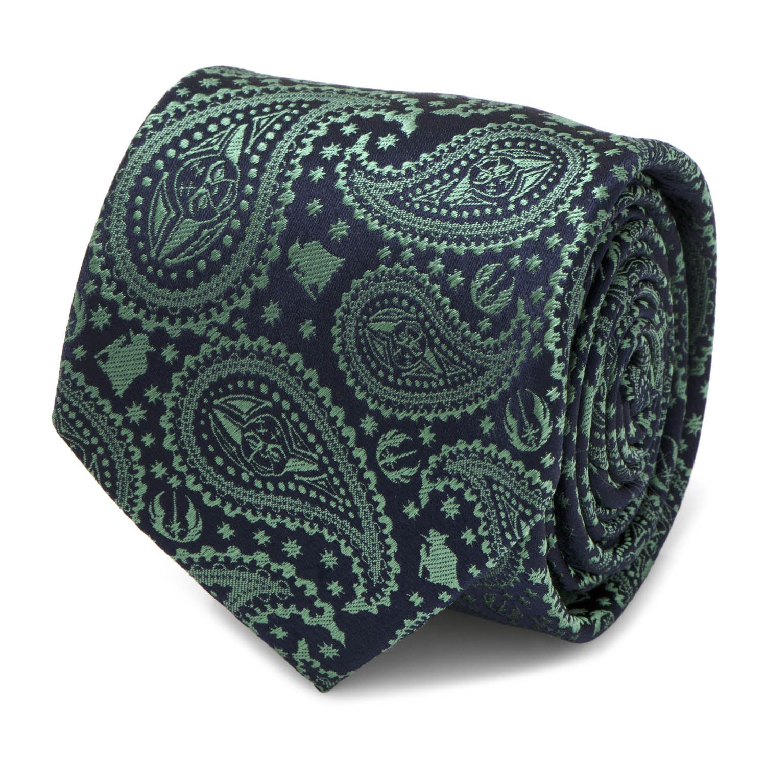 Close up of a navy and green silk necktie with a paisley pattern featuring hidden Yoda portraits.
