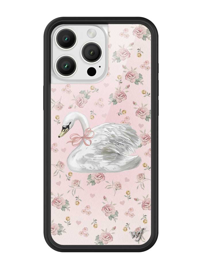 Sweet Swan iPhone case featuring a swan on a baby pink floral background with a black rubber bumper