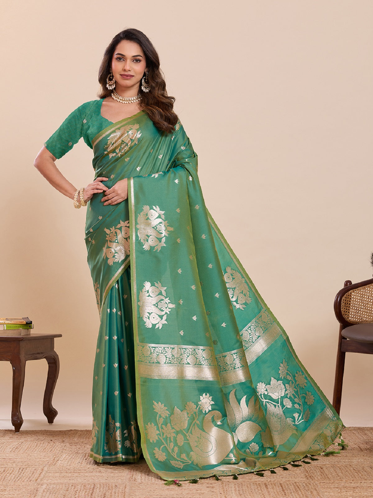 Green Paithani silk wedding saree featuring intricate gold zari weaving across the entire saree.