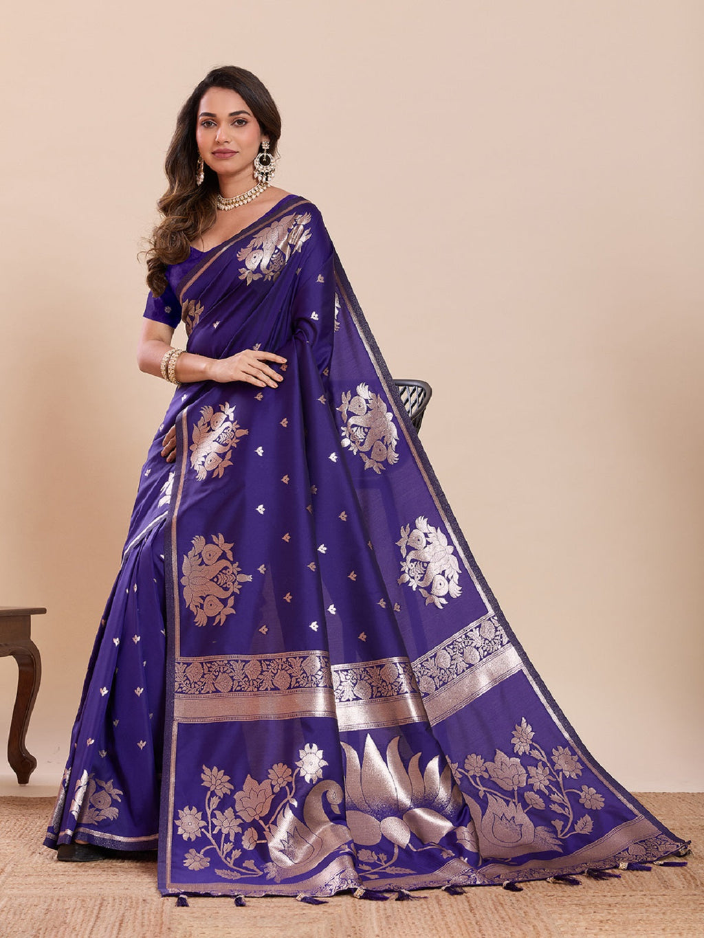 Royal Blue Paithani Silk wedding saree with intricate jari weaving and unstitched blouse