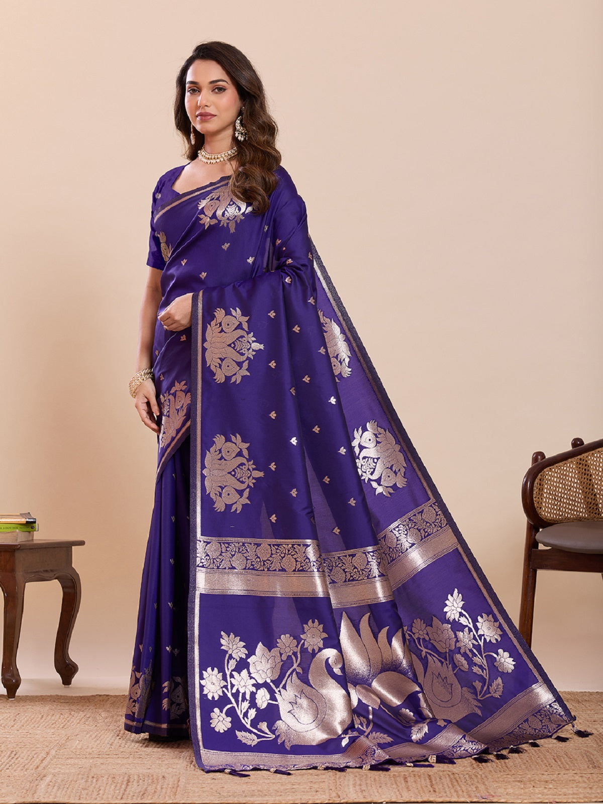 Royal Blue Paithani Silk Wedding Saree with Jari Weaving & Blouse