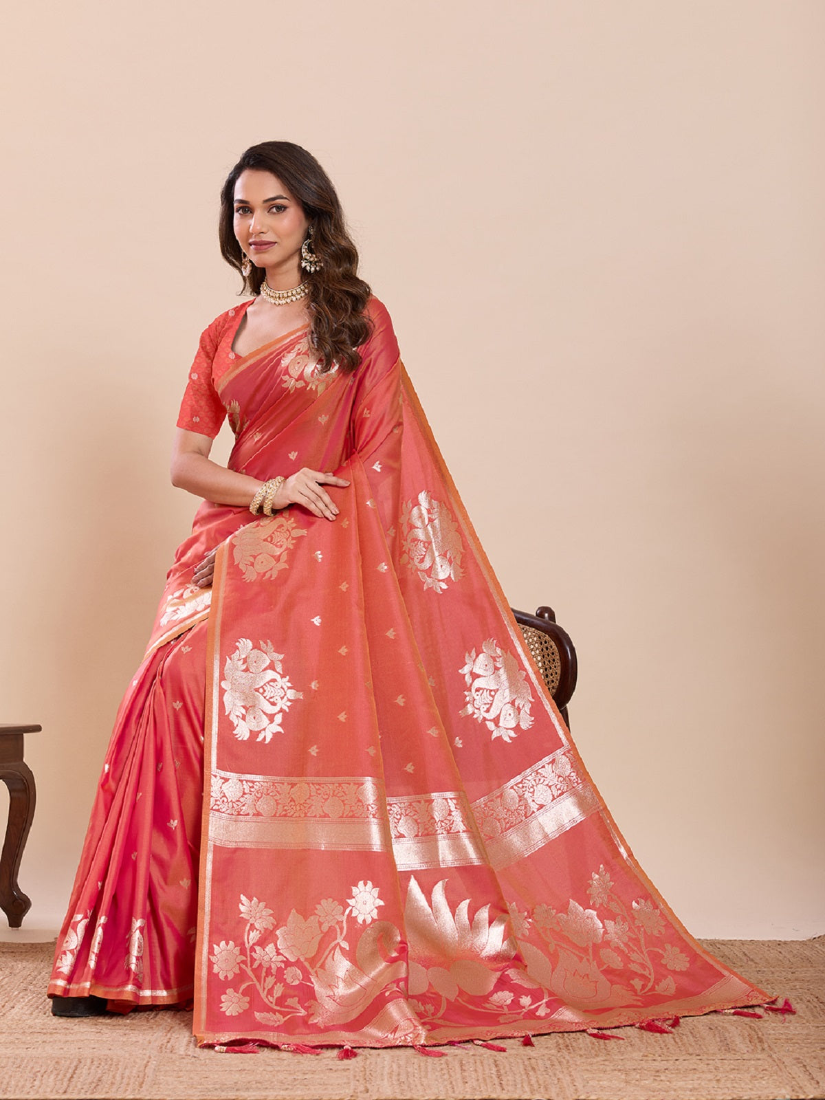 Peach Red Paithani Silk Wedding Saree with Jari Weaving