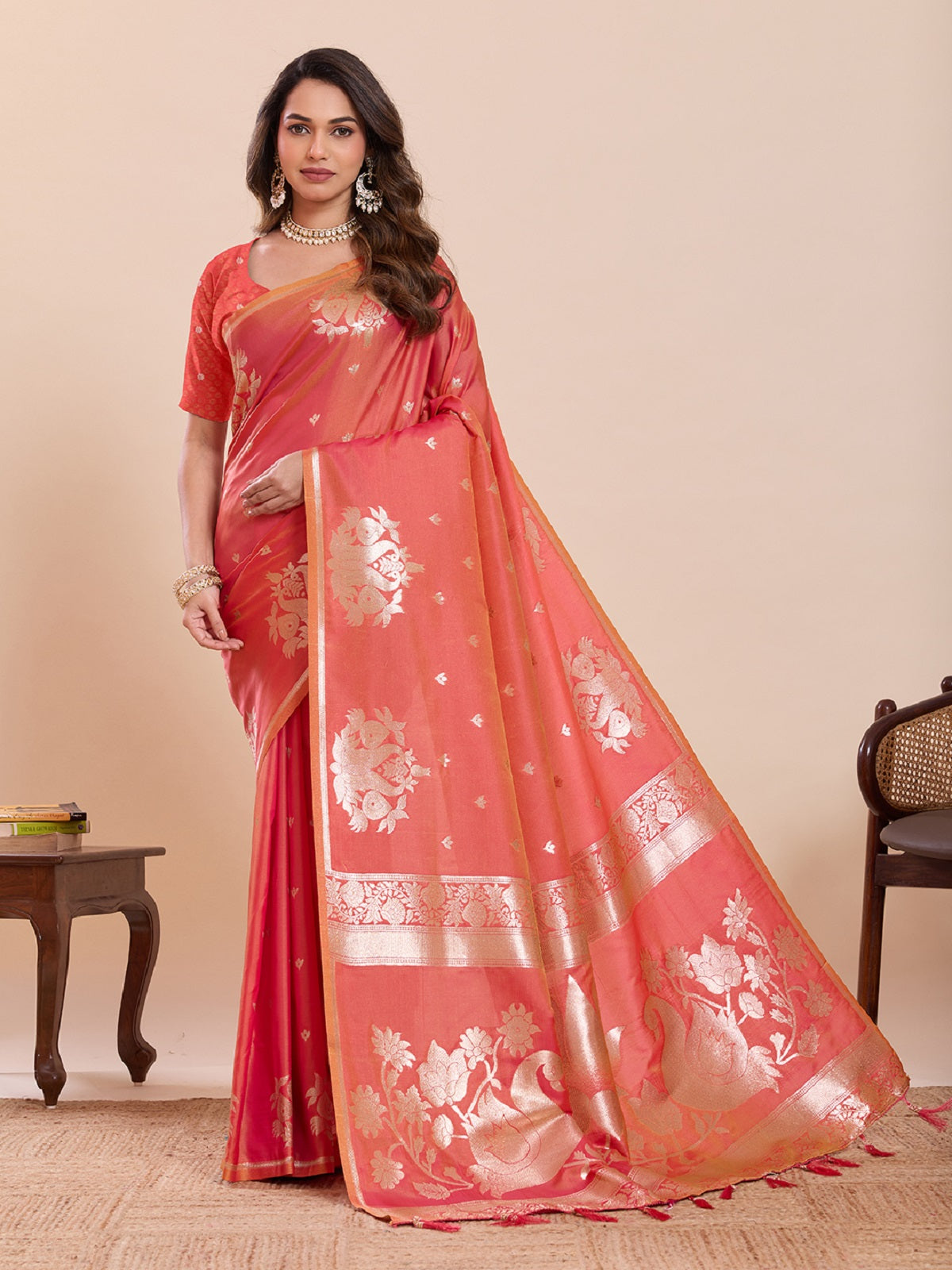 Peach Red Paithani Silk wedding saree with all-over jari weaving pattern