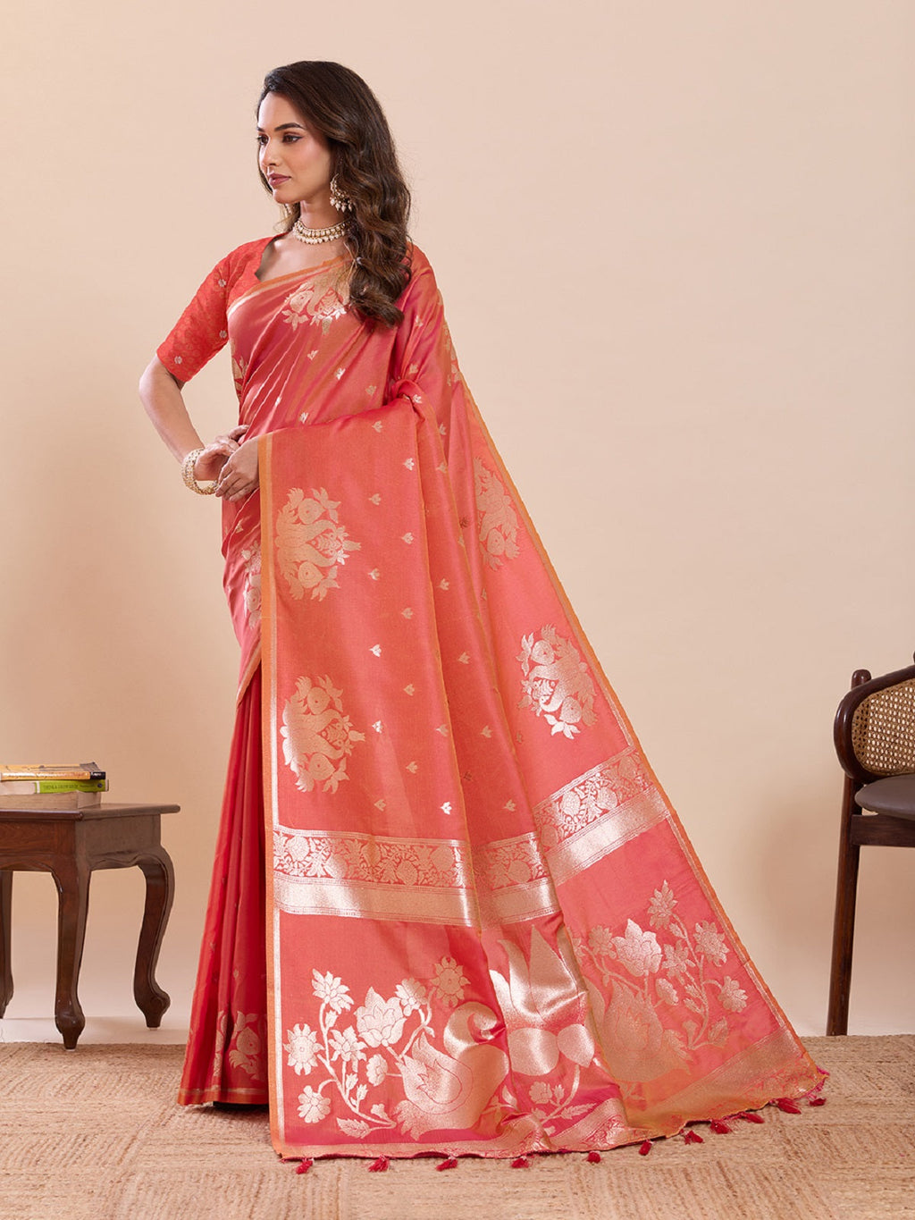 Peach Red Paithani Silk Wedding Saree with Jari Weaving