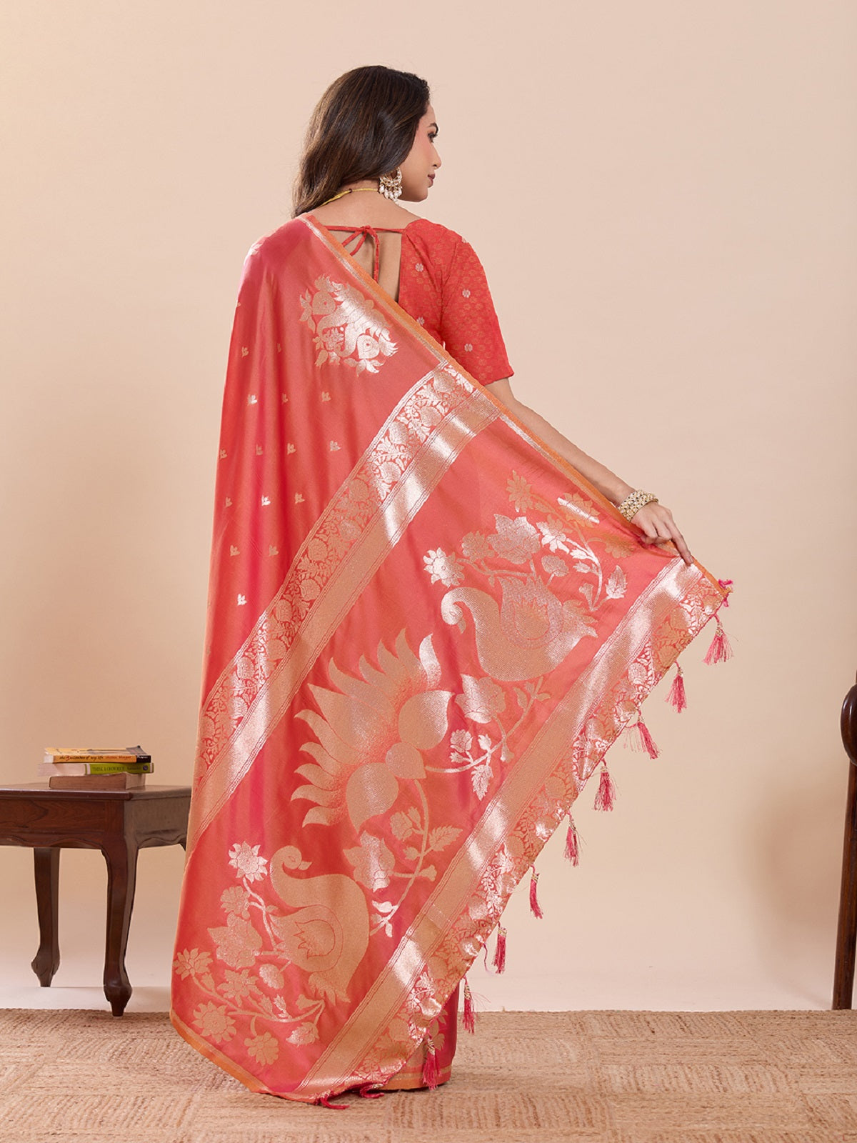 Peach Red Paithani Silk Wedding Saree with Jari Weaving