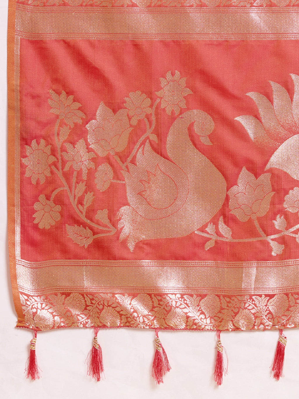 Peach Red Paithani Silk Wedding Saree with Jari Weaving