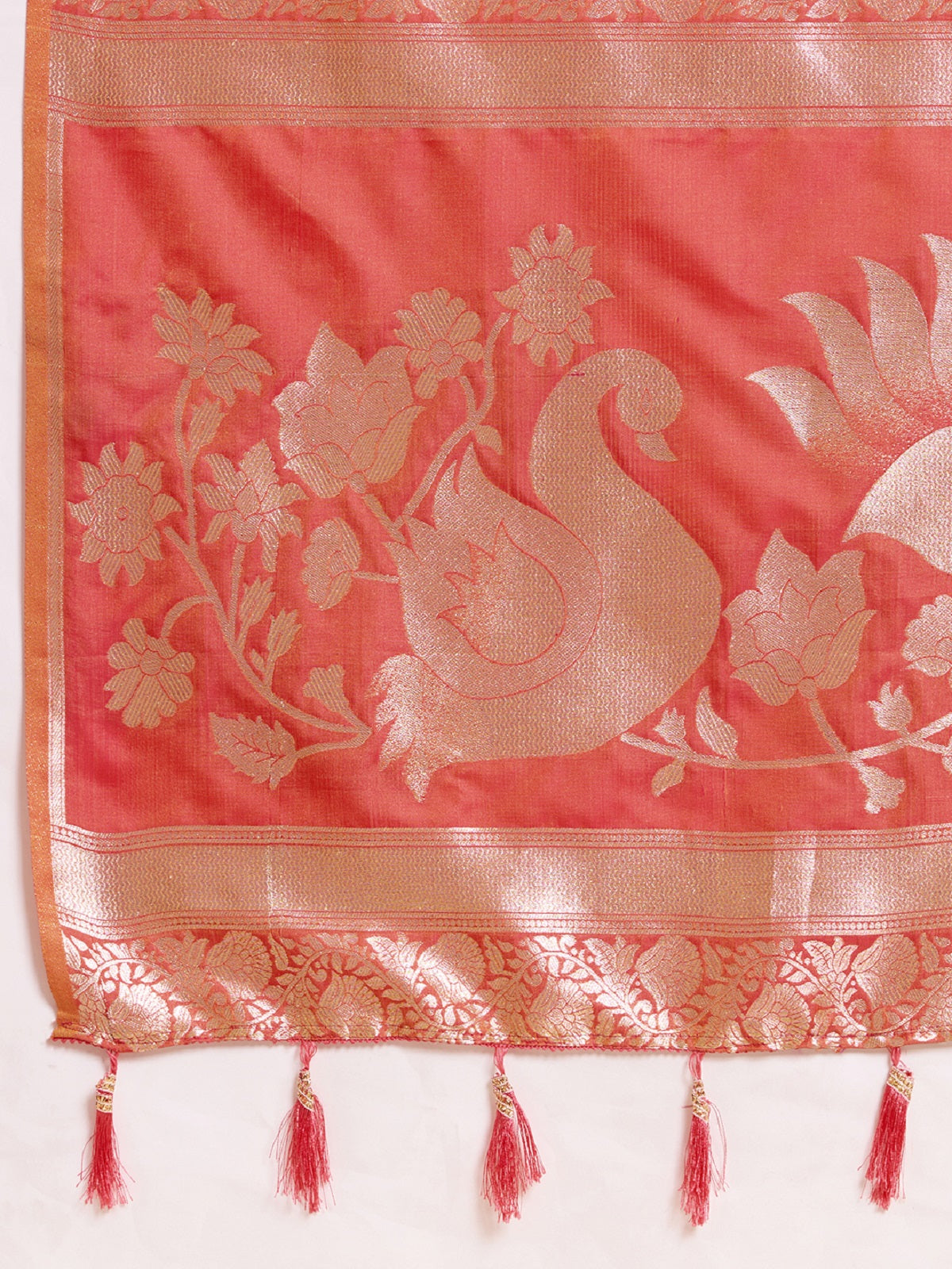 Peach Red Paithani Silk Wedding Saree with Jari Weaving