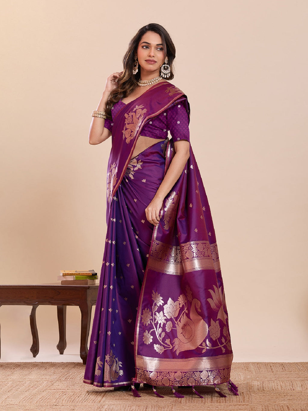 Dark Purple Paithani Silk Wedding Saree with Jari Weaving