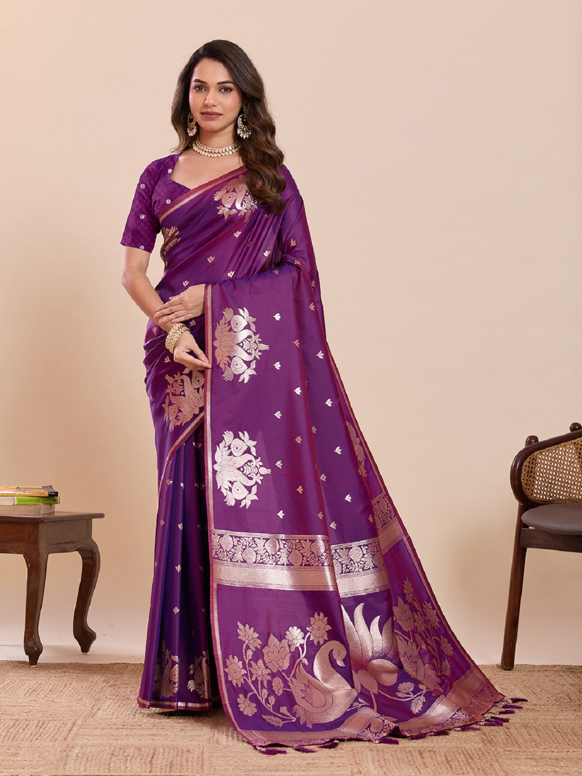 Dark Purple Paithani Silk Saree with intricate gold Jari weaving