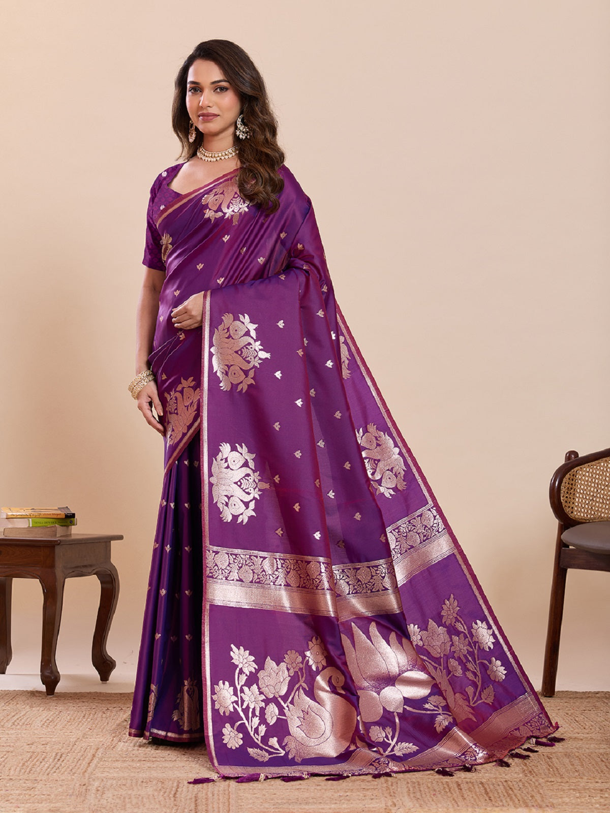 Dark Purple Paithani Silk Wedding Saree with Jari Weaving
